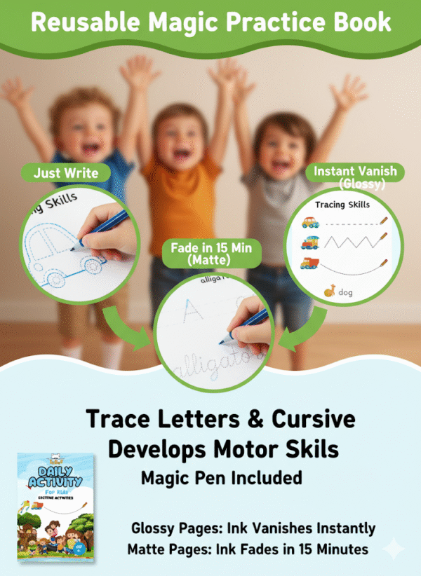 BbBoo Magic Handwriting & Tracing Kit for Kids | 4 Reusable Practice Books with Vanishing Ink Pen & 10 Refills | Develops Motor Skills